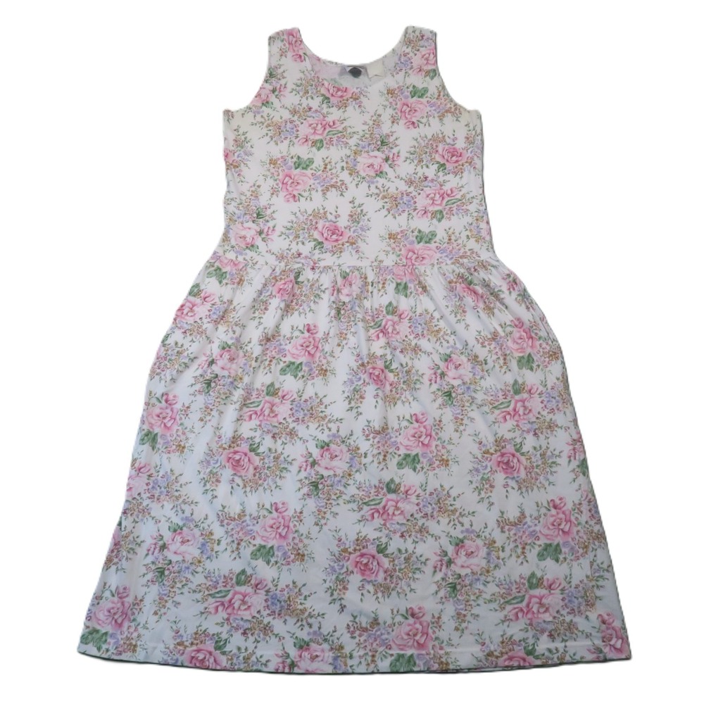 Vintage 90s Midi Dress M Pink White Floral Cottagecore Pastel Feminine Church